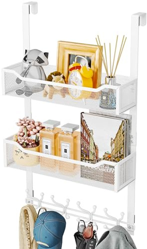 SWTYMIKI Over Door Coat Hooks - Storage Organiser with 2 Mesh Baskets