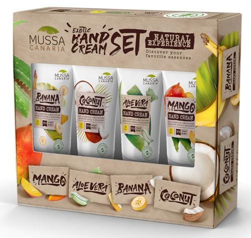 Mussa Canaria Natürliches Handcreme-Set – Mango, Aloe Vera, Banane und Kokosnuss – Reisegröße 4 x 40 ml