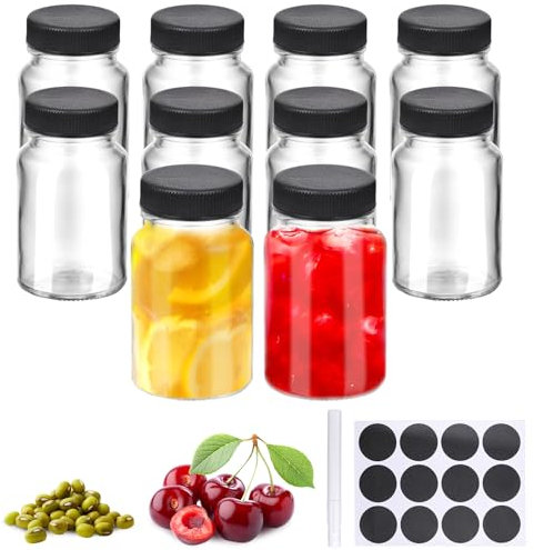 TranRantic 10 Stück Kleine Shot Flaschen zum Befüllen, Shot Gläser mit Deckel, Kleine Glasflaschen, Mehrweg Mini Shot Glasflaschen, 60ml Breiter Mund Shotgläser für Saft Soße Schnaps Ingwer (Schwarz)