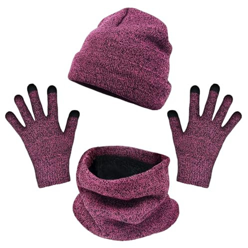 TUONYIS 3 Pièces Tricotés Ensemble d'hiver Bonnet écharpe Gants d'écran Tactile 3 en 1, pour l'hiver pour les sports de plein air quotidiens, Bonnet, Cache-Cou, Gants tactiles à 3 Doigts(Rose Rouge)