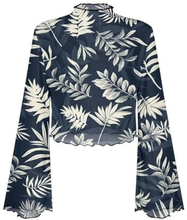 BYCHECAR Leaves Print Bell Sleeve Tops for Women Lettuce Trim Top Flare Sleeve Blouses Long Sleeve Shirt Mock Neck Crop Top Plus Size