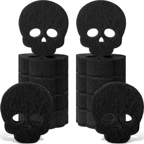 Tioncy 12 Stück Halloween-Schädelschwämme, Gothic, doppelseitig, schwarz, Totenkopf-Schwämme, wiederverwendbar, Kratzfest, Geschirrspülen, Küchenreinigung, Zubehör für Kochgeschirr, Topf, Kessel