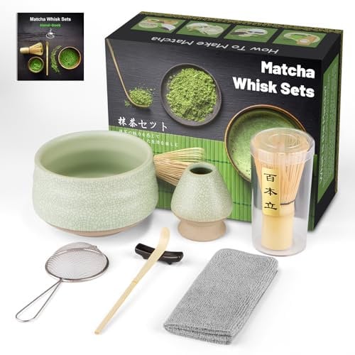 7PCS Kit de Ceremonia Japonesa de Matcha, Cuchara de Bambú, Cuchara de Bambú, Soporte para Batidor, Set de Regalo de Matcha para la Ceremonia del Té, Beber (Open Grey-Green)