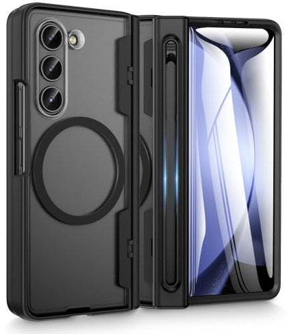 Doeshine Coque pour Samsung Z Fold 5, Translucide Anti-Chocs avec Slot S-Pen Intégré (NO S Pen), Charge Magnétique & Protection Charnière Renforcée, [Verre Trempé Protection Écran] (Noir)