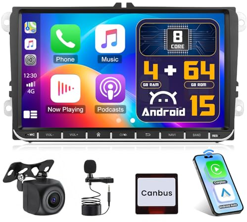 4G+64G 8Core Android Car Radio for VW Passat Jetta Tiguan Golf MK5 MK6 T5 EOS Polo CarPlay Android Auto, 9 Inch IPS Touch Screen Stereo DSP 1080P GPS Navigation Bluetooth FM RDS SWC Backup Camera