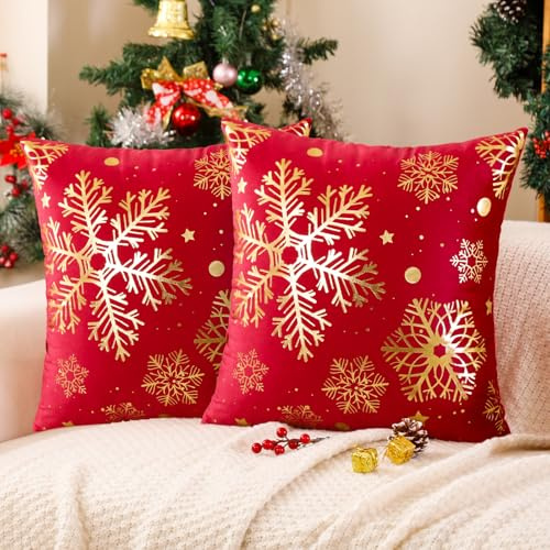 Miuyunya 2er Set Weihnachten Rot Kissenbezüge Samt Dekorative Zierkissenbezüge 45x45 cm Kissenbezug Gold Schneeflocke Kissen Deko Kissenhülle für Winter Christimas Sofa Couch Wohnzimmer Deko