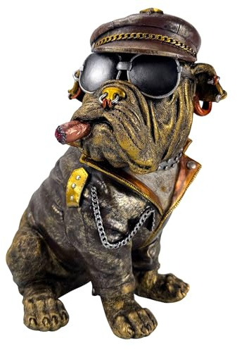 Online Fuchs Dekofigur Bulldogge im coolen Biker-Look mit Lederjacke, Pilotenbrille und Zigarre - 34 cm groß - Gartenfigur aus Kunstharz (Polyresin) für den Innen- und Außenbereich
