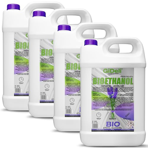 GiDeli bioetanolo 4 x 5 l profumo di lavanda 96,6% etanolo per caminetti interni ed esterni senza fumo e fuliggine - Da mais e barbabietole da zucchero