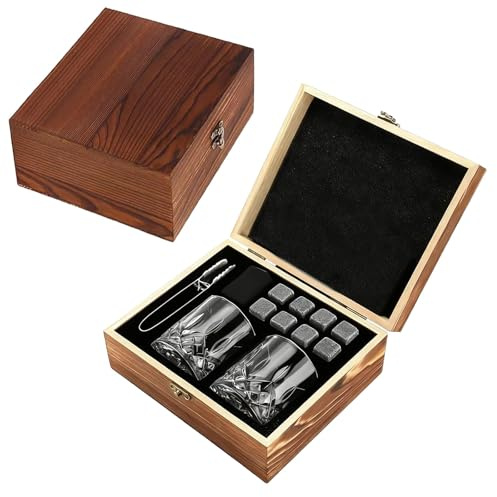 Whiskey Glass Gift Set for Men Scotch, Bourbon, Rum Drinker Present | with 2 Whiskey Glasses, 8 Reusable Whiskey Stones, Tongs | for Christmas, Birthday, Father's Day