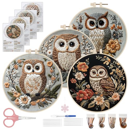BAODBF 4 Stück Sticken Set Erwachsene,Eule Embroidery Kit,Stickset für Anfänger,Kreuzstich Set,Stickset Erwachsene für Weihnachten,Geburtstag,Muttertag
