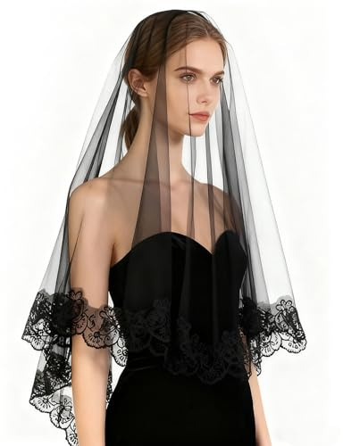 Schleier Braut,Schwarz Spitze Gesichtsschleier,1.4m Veil Gothic Haarschmuck Hexe Cosplay,Halloween Lange Tüll mit Spitze Blume Besäumen,Hochzeit Zubehör Schleier für Hochzeiten,Silvester Karneval