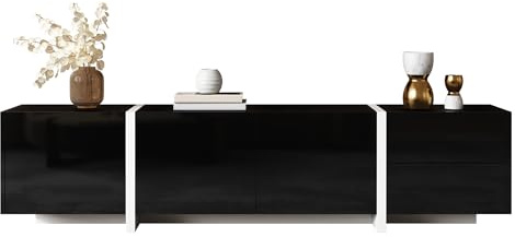 Modern Entertainment Console Media Center Stand Gloss Finish LED Light Strip App Control Cable Management Flip Door Drawer Trio Cupboards Storage Shelves Living Room Display Screens (Black)