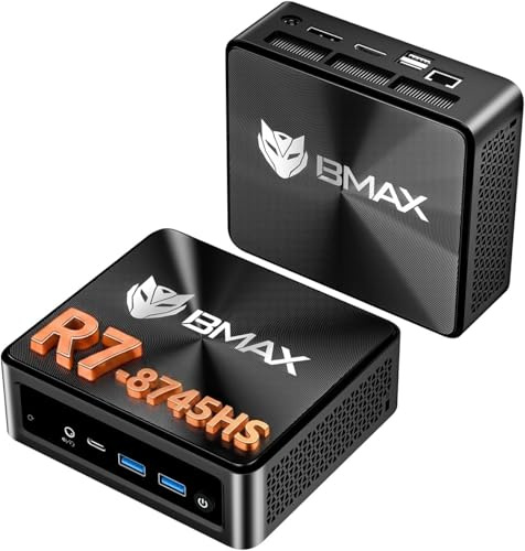 BMAX Mini PC AMD Ryzen 7 8745HS (fino a 4,9 GHz), grafica Radeon 780M, 16 GB DDR5, SSD PCIe 4.0 da 512 GB espandibile fino a 256 GB + 4 TB ​】Triple display, WiFi 6, BT, 2.5 G LAN Mini Computer Gaming
