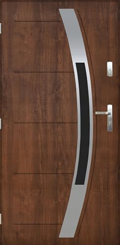 Haustür 80x200 cm DIN Links - Eingangstür 55mm mit Dichtungen und EPS-Kern - Stahltür 1,7 Ud Komplettset inkl. Zarge und Drücker - Außentür Nano-beschichtet mit Verglasung - Fagot 01 Nussbaum