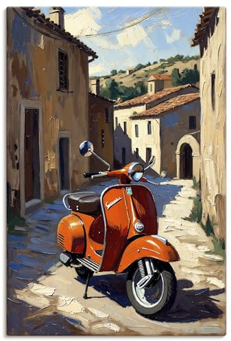 ARTLAND Wanddeko Leinwand Bilder Wandbild 80 x 120 cm Vespa Roller klassischer roter Motorroller in Italienischer Gasse mediterrane Aesthetic U6ES