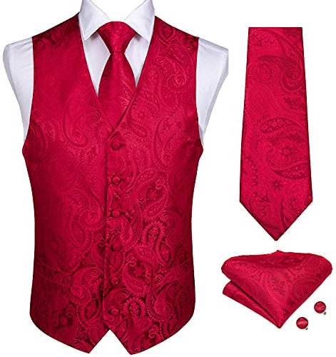 DiBanGu Herren Paisleymuster Anzugweste, Seidenkleid, Weste und Krawatte, Einstecktuch, Manschettenknöpfe für Hochzeit, Party, 06 Rot, XXX-Large