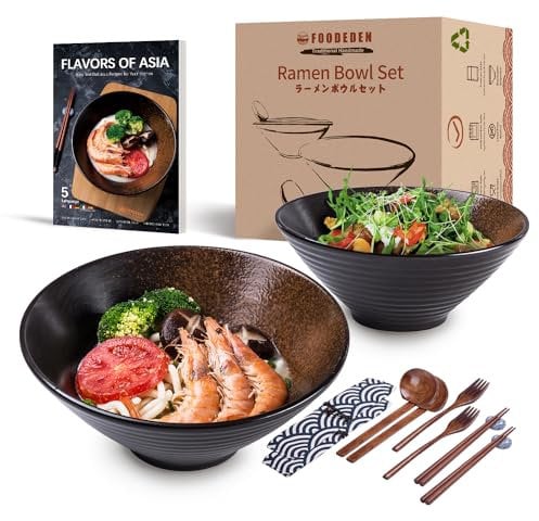 Ramen Bowl Set of 2, 1000ml Japanese-Style Ceramic Noodle Soup Bowl with Spoons, Chopsticks and Forks, Large Bowl for Pho, Udon, Pasta, Curry, Cereal and Salad, Asian Housewarming Gift-Microwave Safe