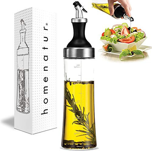 HOMENATUR Bouteille Huile Olive et Vinaigre en Verre bec Verseur - 570 ml avec Tamis à Herbes - Huilier et Vinaigrier Résistant aux Fuites et Lavable au Lave - Pizza Sauce Cooking