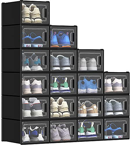 YITAHOME Schuhboxen, 18er Set, Schuhkarton stapelbar stabil, Aufbewahrungsboxen für Schuhe mit transparent Tür und Belüftungslöchern, für Schuhe bis Größe 44, stapelbare schuhbox schwarz