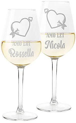 Colorfamily Coppia Calici Personalizzati Set da 2 calici Vino Personalizzati con Nome Amo Lui Amo Lei - Bicchiere in Vetro 500 ml
