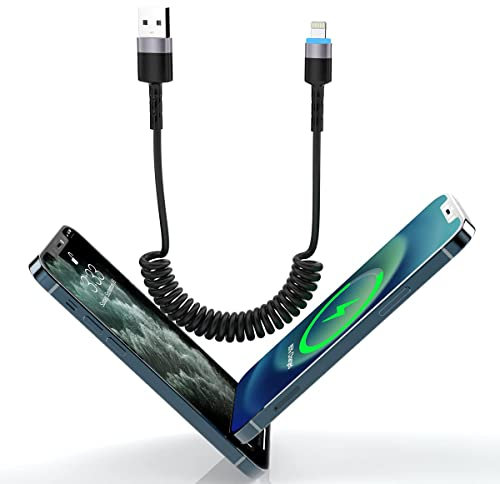 1.8m/6ft USB iPhone Spiral Lightning Ladekabel für CarPlay, Apple Schnellladekabel Sync USB-Datenfeder LED einziehbarer Ladegerät-Adapter-Anschluss für iOS/iPhone 12/11/SE/Xs/Xr/8/7/6/iPad/iPod
