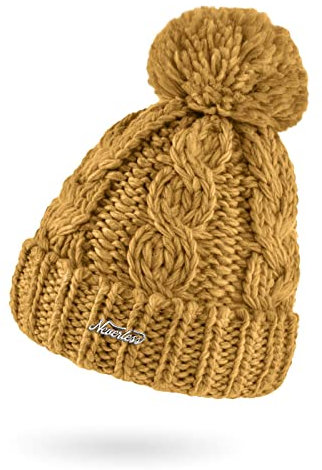 Neverless® Damen Mütze Grobstrick Strick-Bommel Pudelmütze Zopfstrickmuster Wintermütze Umschlag senfgelb Unisize