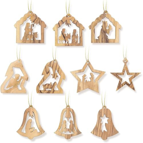 Handcrafted Olive Wood Christmas Ornaments Set of 10 from The Holy Land - Rustic Olive Christmas Ornaments for Hanging on Christmas Tree - Small Bethlehem Religious Christmas Decor for Gifting