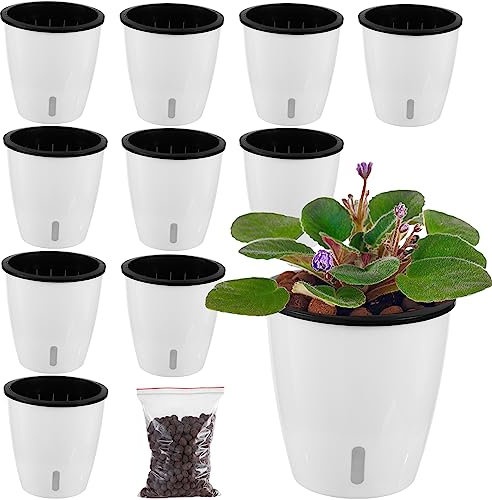 Planterhoma 5 Inch Self Watering Pots for Indoor Plants, 10 Packs African Violet Pots with Indicator, Black Wick Pot with Drainage Holes, Self Watering Planters for Orchid, Devil's Ivy, White
