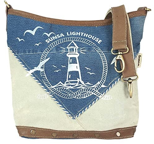 Sunsa Damen Umhängetasche. Nachhaltige Maritim Schultertasche aus Canvas, recycelte Jeans & Leder. Meerliebhaber Vintage Stil Crossover Bag. Handtasche als Geschenkideen für Frauen.