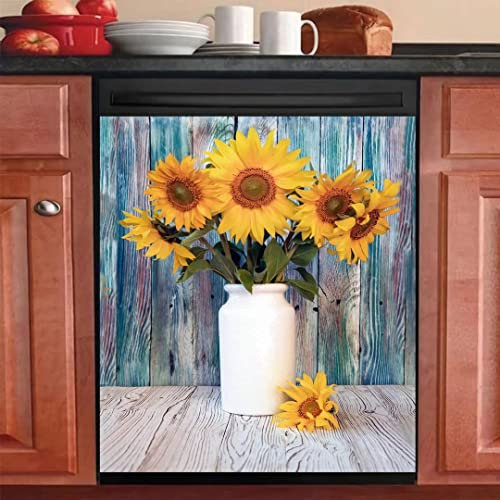 MLGB Bunte hölzerne Hintergrund Küche magnetische Geschirrspüler Haustür Abdeckung Dekor, Vase Sonnenblume Kühlschrank Paneele Aufkleber Vinyl Magnet Abdeckung, magnetisch 58,9 x 66 cm