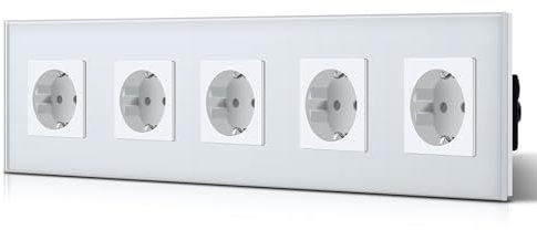 BSEED Schuko Normal Steckdose 5 Fach EU-Standard Unterputz Wandsteckdose Einfache Installationckdose Kristall Glas Platte 16Amp 250V Verlängerungssteckdosen 370mm Weiß