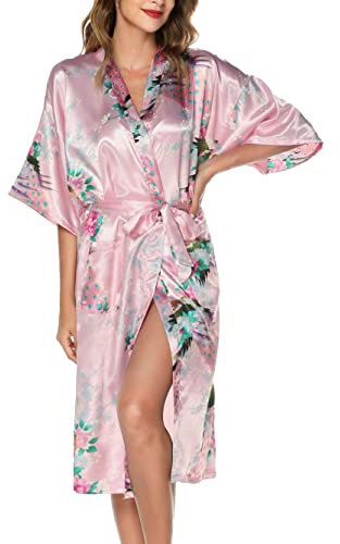 Lovasy Kimono Dressing Gowns Satin Kimono Robe Peacock and Blossoms Silk Dressing Gown for Women UK Long Silk Bride and Bridesmaid Robes,Pink,L