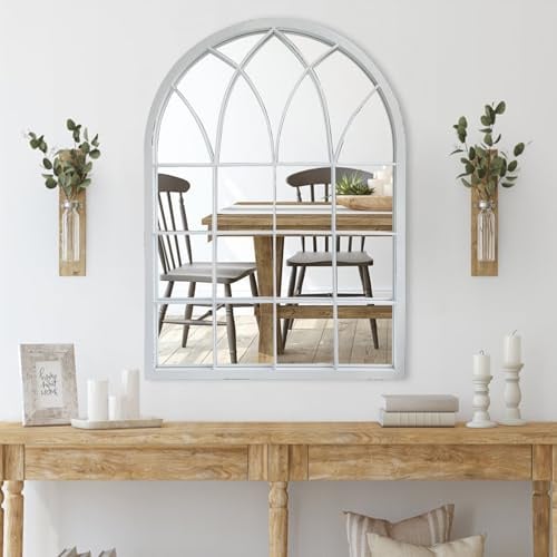 DAOYIJIAJU Espejo de Pared con Ventana arqueada, Estilo Catedral, Blanco Envejecido, 35 Pulgadas, Espejo de Ventana de Rejilla para Sala de Estar, Chimenea, Entrada, Dormitorio, baño