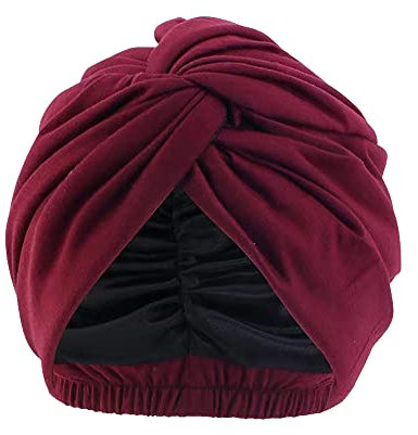 Pluto & Fox Beanie aus Stoff, Turban-Kopfbedeckung mit Gummiband, für Damen, zum Schlafen, Krebs, Chemotherapie, Chemo, Onkologie, Nacht, Haarausfall, Dunkelrot, 56/58 cm
