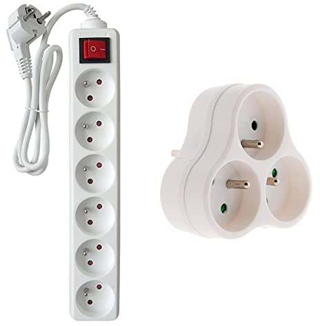 Zenitech Bloc 6 Prises 16A 2P+T avec Interrupteur Blanc & Triplite 3X 16A Triangulaire Blanc