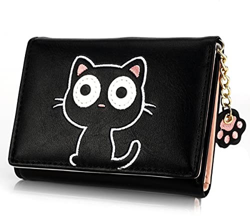 Rairsky Porte Feuille Femme Chat Mignon en Noir,Trifold,Cuir PU,Petit Porte Monnaie Femme avec Fermeture Éclair Décorative Onçu pour Les Femmes, Les Adolescents, Les Garçons et Les Filles