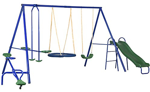 Outsunny Swing Set for Backyard, 5 in 1 Outdoor Playset for Kids with Heavy-Duty A-Frame Stand, 29.5 Saucer Swing, Slide, Teeter-Totter, Glider, 693 Lbs Load, Blue
