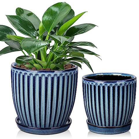 Oairse 2er-Set Keramik Gerippter Übertopf, Blumentöpfe mit Drainageloch-Untersetzern für Zimmerpflanzen, Retro-Dekoration für Gartenbehälter-Sets im Freien, Durchmesser Öffnung 15cm/13cm, Blau