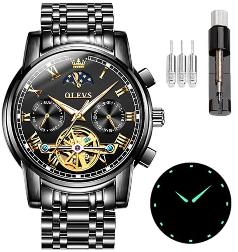 OLEVS Montre squelette à remontage automatique pour homme Tourbillon sans pile Montre de luxe en acier inoxydable avec date mécanique étanche tendance pour homme, Gw-g6617-noir, Bracelet
