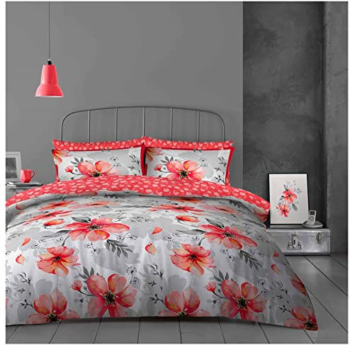 Lions Complete Bedding Set - Flower Printed Duvets Cover with Matching Pillowcase, Ultra Soft Reversible Poly Cotton Quilt Covers for Girls Women, Single Double King (Grey - Red - Rose, King)