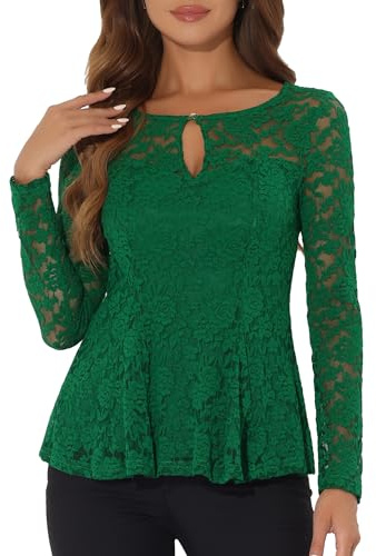 Allegra K Women's Dressy Top Formal Wedding Guest Long Sleeve Lace Peplum Blouse, Green, XL
