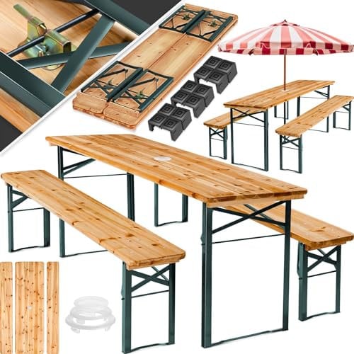 tectake® Bierzeltgarnitur mit Tisch und 2X Bierbank, mit Schirmhalterung und 12 Bodenschoner Bierzeltgarnitur, Balkon Möbel mit 1x Klapptisch und 2X Bierbänke, klappbar, 170 x 46 x 78 cm, lackiert