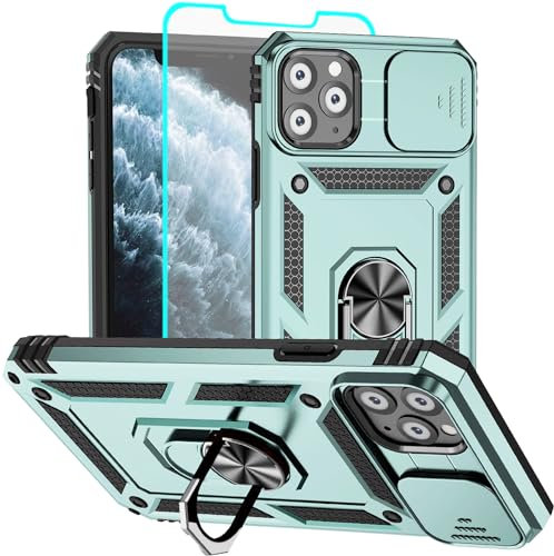 Aozuoton for iPhone 11 Pro Case with Screen Protector：Dual Layer Military Grade Drop Protection Magnetic Ring Kickstand - Camera Lens Protective Phone Case for iPhone 11 Pro dark green