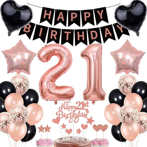 Rose Gold & Black 21st Birthday Cake Topper Set for Women with Decorations & Banner