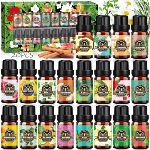 ZZXLOPEZ Set di Oli Essenziali 20 Pezzi, Oli Essenziali per Diffusori 20 x 10 ml, Set Regalo Oli Essenziali Naturali per Aromaterapia, SPA, Massaggi - Gelsomino Lavanda Rosa Bergamotto Eucalipto