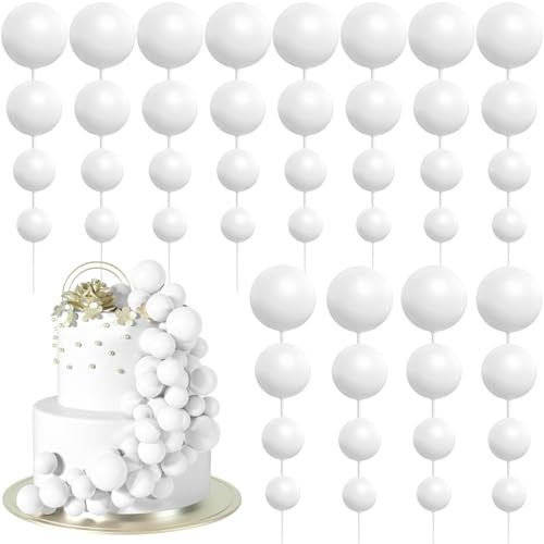BOUBONI 48 Pcs Balls Cake Topper Decorations Balloon Cupcake Toppers Foam Cake Topper Balls Cake Balls Decorations for Birthday Party Wedding (White)