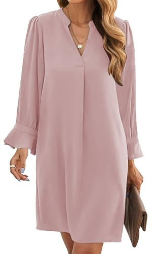 Famulily Women Casual Long Sleeve Dresses Solid Color Vintage Midi Dress Flowy Swing Dresses Pink L