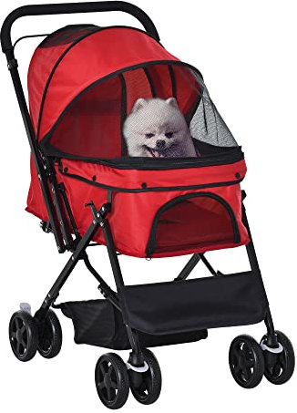 PawHut Passeggino per Cani Piccoli Pieghevole con Maniglione Girevole Ruote con Freni in EVA, Passeggino Cane con Cestino Portaoggetti, 76.5x52x95cm, Rosso