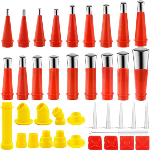 Prebarfun 44 Stück Edelstahl Dichtungsdüse Werkzeug, Universal 34 Integrierte Gummidüse Werkzeug Kit mit 10 Stück Silikonspritze, Verschiedene Größen Kartuschenspitzen für Küchen, Fenstern, Badezimmer