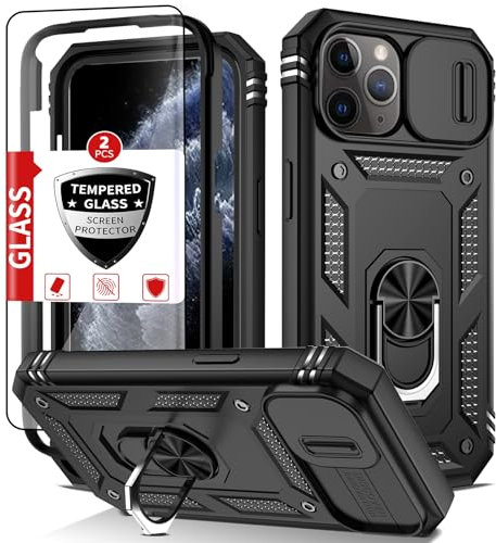 IYTRRYH Funda para iPhone 11 Pro con 2 protectores de pantalla de cristal, funda 11 Pro integrada con anillo de soporte de 360° y cubierta de cámara que protege caídas de grado militar, a prueba de